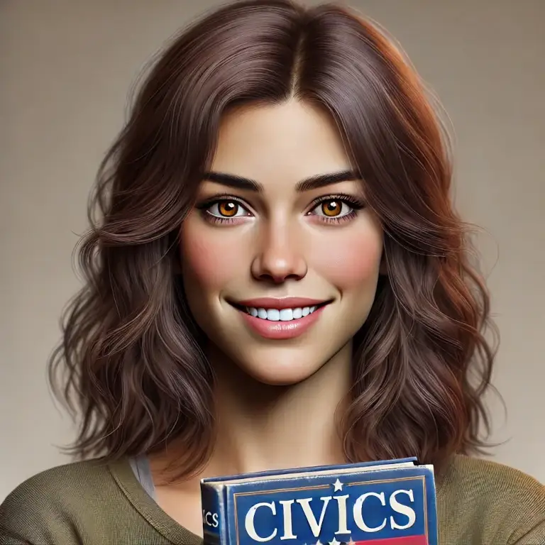 Spanish American female character carrying a book on Civics