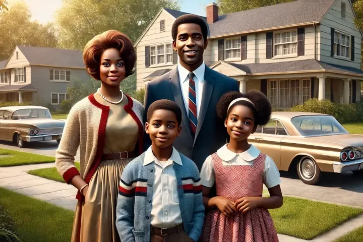 image of a 1960s African-American family standing outside their home