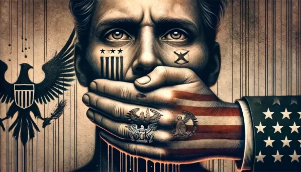 image depicting a person with their mouth covered by a hand marked with government symbols, symbolizing censorship and control over speech