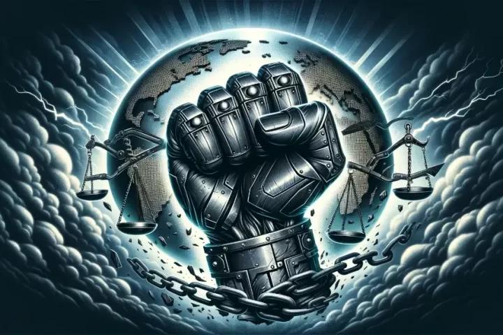 illustration of an iron fist gripping the world, symbolizing authoritarian strength and control