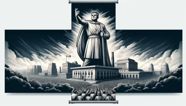 illustration of a giant statue of a leader towering over a city, with citizens bowing or saluting, symbolizing a cult of personality