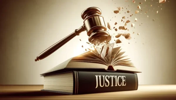 image of a judge’s gavel breaking through a book labeled "Justice," symbolizing the authoritarian manipulation of the legal system