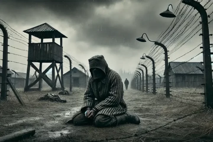 Image depicting a dark, bleak, and desperate scene of a person in a Gulag in the 1940s.