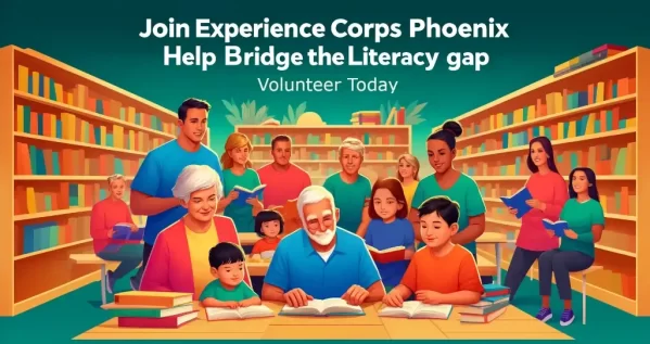 This banner highlights volunteer opportunities, showing diverse older volunteers engaging with young children in a classroom setting filled with colorful books and educational materials