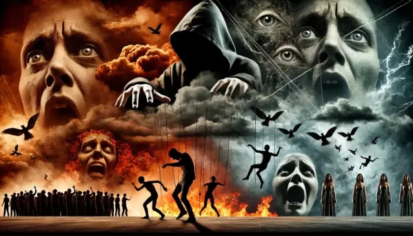 Image depicting a evil master controlling people by pulling the strings of Fear Mongering and Demonizing