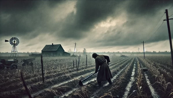 image depicting a dark, bleak, and desperate scene of a person working on a farm in 1940 Russia
