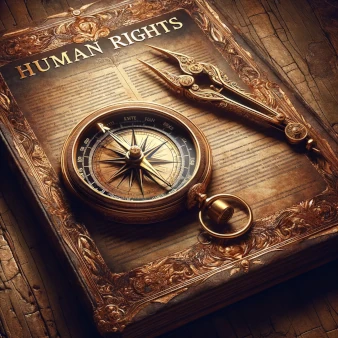 Human Rights with the golden compass on it, its needle indicating Equality and Justice