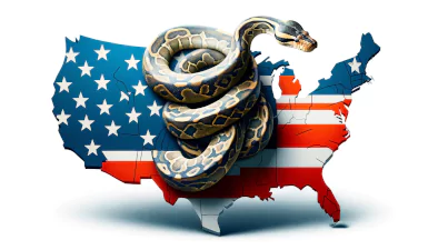 Propaganda Image of python squeezing a map of the U.S.