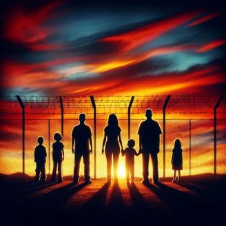 Silhouette of a Family Looking Towards a Sunset Over a Fence