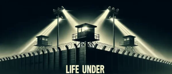 Life Under Totalitarian Rule." The dark, foreboding atmosphere with a wall topped with barbed wire, looming guard towers, and searchlights captures the oppressive and controlled environment.