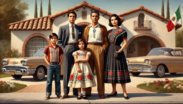 image of a 1960s Mexican-American family standing outside their home