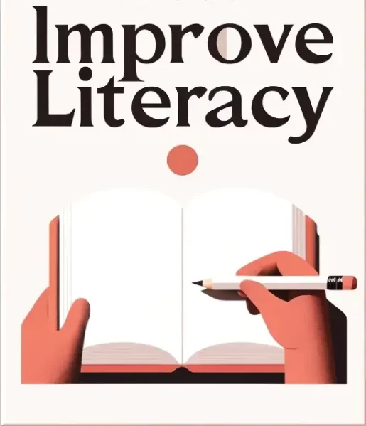 an open book and a pencil. The text reads: "Improve Literacy" in bold, simple font.