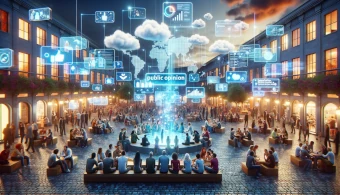 the essence of public opinion in the digital era. It visualizes a bustling digital town square with diverse groups of people engaged in animated discussions