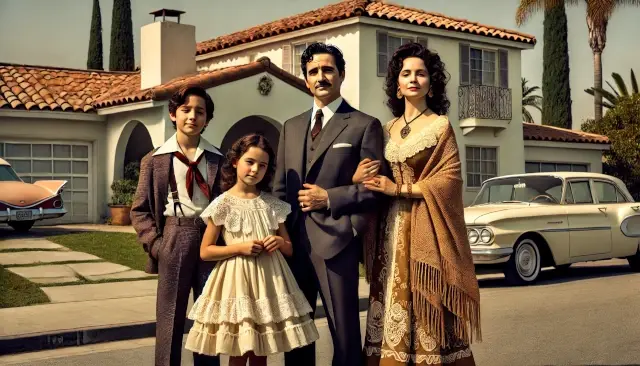 image of a 1960s Spanish-American family standing outside their home