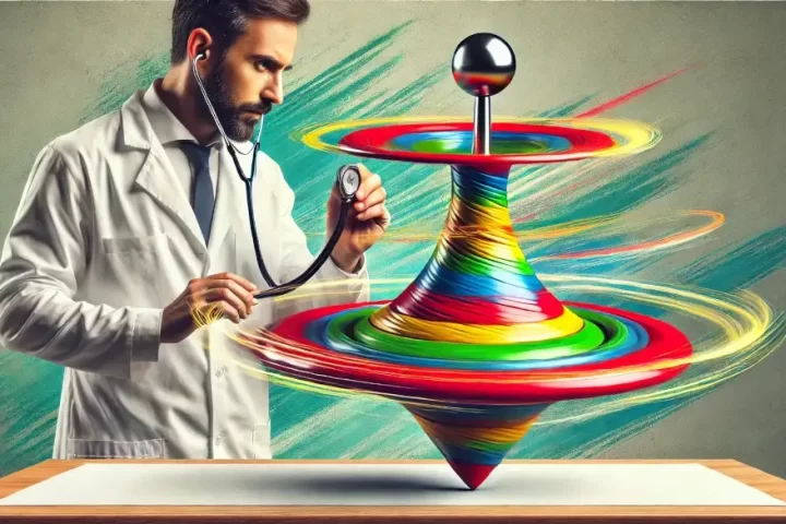 Spin doctor checking the heartbeat of an out-of-control spinning top