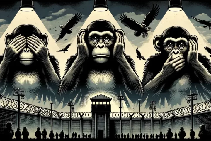 Three Wise Monkeys' set in a totalitarian regime. The dark, oppressive atmosphere with the monkeys, barbed wire, guard towers, and searchlights captures the theme effectively