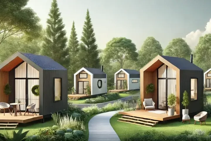 featuring a peaceful, eco-friendly community of tiny homes. Highlighting the cozy and inviting atmosphere of tiny-home living