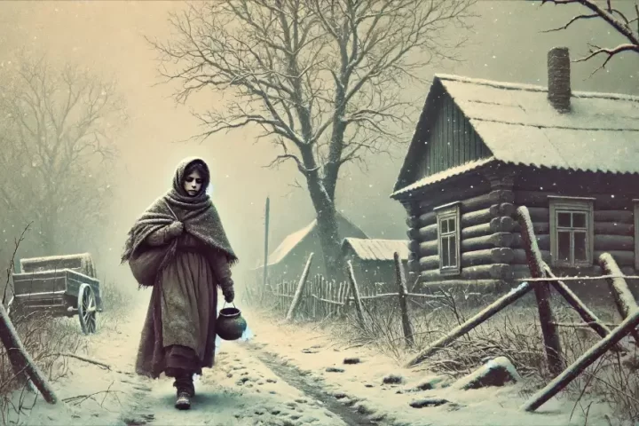 a peasant girl on a road walking to find food in the Time of Stalin