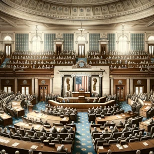 United States House of Representatives chamber, focusing on the head of the chamber. This image captures the grand and formal setting of a legislative session in progres