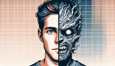 split screen: one side shows a normal portrait of a person, while the other side displays a distorted, monstrous version, emphasizing the transformation through vilification.